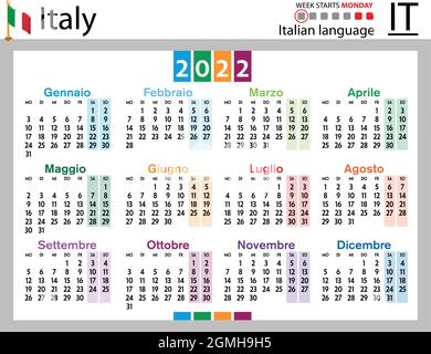 Calendrier de poche horizontal italien pour 2022 (deux mille vingt-deux). La semaine commence le lundi. Nouvelle année. Couleur conception simple. Vecteur Illustration de Vecteur