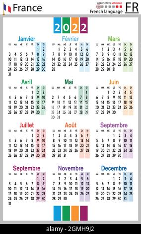 Calendrier de poche vertical français pour 2022 (deux mille vingt-deux). La semaine commence le lundi. Nouvelle année. Couleur conception simple. Vecteur Illustration de Vecteur