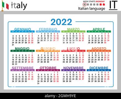 Calendrier de poche horizontal italien pour 2022 (deux mille vingt-deux). La semaine commence le lundi. Nouvelle année. Couleur conception simple. Vecteur Illustration de Vecteur