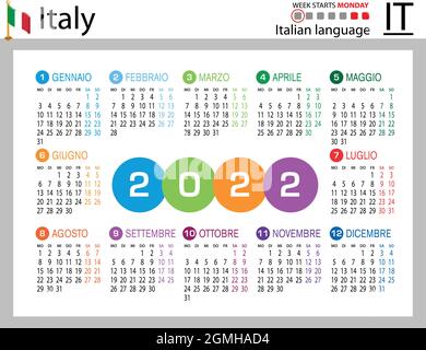 Calendrier de poche horizontal italien pour 2022 (deux mille vingt-deux). La semaine commence le lundi. Nouvelle année. Couleur conception simple. Vecteur Illustration de Vecteur