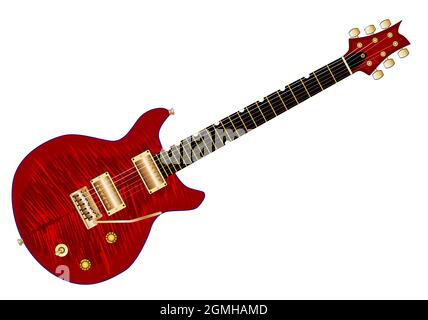 Une guitare électrique classique à double coupe en rouge sur fond blanc Banque D'Images