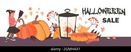 Affiche de message d'accueil d'Halloween ou modèle de bannière avec enfant fille en costume fantaisie de sorcière debout avec citrouilles, illustration vectorielle plate. Hol Halloween Illustration de Vecteur