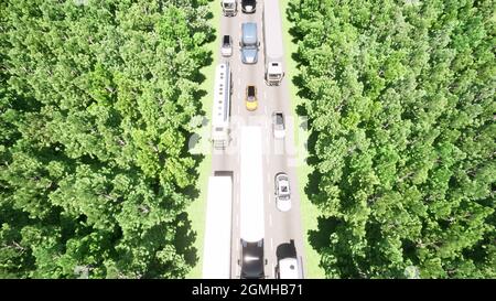 Vue aérienne avec file d'attente des camions Bourrage de trafic sur route de camion rendu 3d Banque D'Images