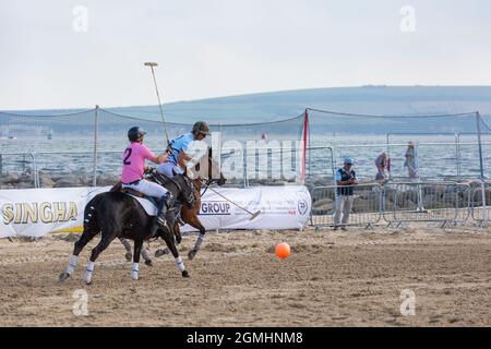 British Sand polo Event sur Sandbanks Beach, Poole Dorset, Royaume-Uni Banque D'Images