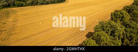 Vue aérienne des champs agricoles avec balles de paille. Vue de dessus d'un paysage avec rouleaux de foin après la récolte d'automne. Bannière agricole. Banque D'Images