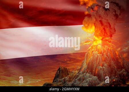 Éruption de stratovolcan la nuit avec explosion sur fond de drapeau néerlandais, problèmes d'éruption et de cendre volcanique concept - illustration 3D du natu Banque D'Images