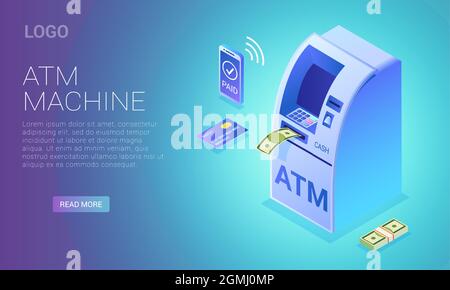 Cash terminal, retrait isométrique sans contact de l'ATM du téléphone ou de la carte de crédit, illustration de la page d'arrivée vectorielle. Illustration de Vecteur