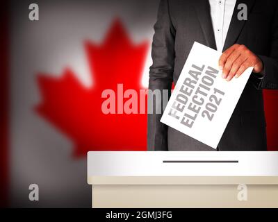 Le concept des élections fédérales du Canada contexte avec le jeune homme qui met le vote dans la boîte Banque D'Images