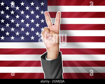 Les États-Unis signe la victoire mains avec deux doigts et le drapeau de la agité dans le fond Banque D'Images