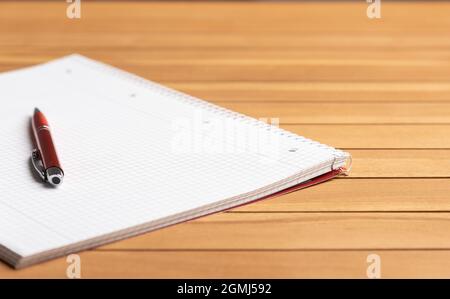 feuille de papier vierge et stylo sur la table en bois. Feuille de papier photo de haute qualité et stylo sur la table en bois Banque D'Images