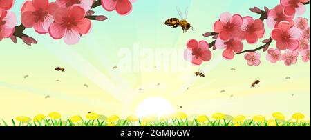 Prairie d'été avec pissenlits jaunes et branches fleuries d'arbres fruitiers. Les abeilles volent partout. Grand ciel clair. Vue rapprochée latérale. Campagne mignon herbacé Illustration de Vecteur