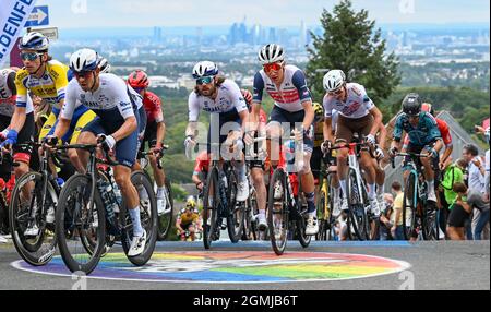 19 septembre 2021, Hessen, Königstein-Mammolshain: Le peloton avec Rick Zabel (M) de Team Israel Start-Up Nation est à l'ascension du Mammolshainer Stich pendant la course cycliste UCI WorldTour Eschborn-Frankfurt. La 60ème édition du classique allemand du cyclisme avec finition à Francfort conduit à plus de 187.4 kilomètres. Photo: Arne Dedert/dpa Banque D'Images