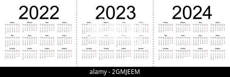 Grille du calendrier pour 2022, 2023 et 2024 ans. Modèle horizontal simple en russe. La semaine commence le lundi. Illustration du vecteur isolé sur Illustration de Vecteur