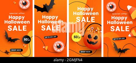 Ensemble de bannières publicitaires pour Halloween pour bannières de médias sociaux. Concept de jeu d'histoires Insta, de trick or Treat. Illustration de Vecteur