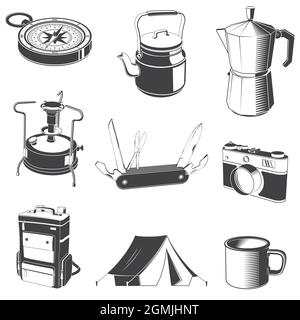 Icônes Camping et plein air. Set inclut kayak avec paddle, primus, photo camera , tasse, cafetière, tente, pelle, couteau de poche, sac à dos. Vecteur Illustration de Vecteur