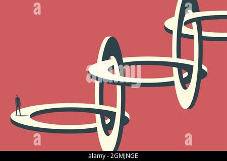 Homme debout sur un objet géant fait de cercles impossibles. Banque D'Images