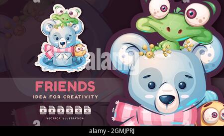 Personnage de dessin animé animal amis - joli autocollant. Illustration de Vecteur