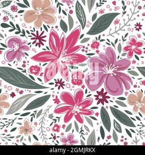 Fleurs et feuillage, fleurs en fleurs et bourgeons Illustration de Vecteur