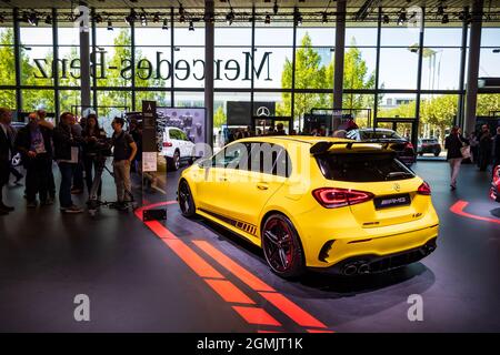 Une voiture de sport Mercedes AMG De classe A A45S a présentée au salon de l'automobile IAA de Francfort. Allemagne - 10 septembre 2019 Banque D'Images