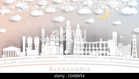 Alexandria Egypt City Skyline en style papier coupé avec White Buildings, Moon et Neon Garland. Illustration vectorielle. Concept de voyage et de tourisme. Illustration de Vecteur