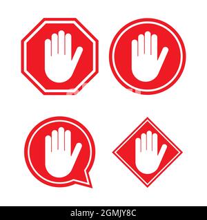 Jeu d'icône d'arrêt avec main d'alerte, symbole de covid d'avertissement, non - danger isolé sur fond blanc illustration vectorielle . Illustration de Vecteur