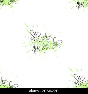 Motif sans couture avec silhouette de fleurs de pommier et éclaboussures de peinture verte. Illustration de Vecteur