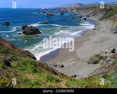 C'est la région de Bodega Bay, des kilomètres et des kilomètres de plages calmes avec un charme sauvage et magnifique. Banque D'Images