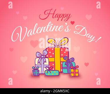 Affiche vectorielle pour la Saint-Valentin avec des coeurs et des cadeaux colorés. Cadeaux et coeurs sur fond rose. Illustration de Vecteur