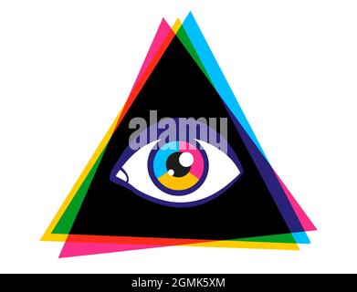 Pyramide Vector vintage avec œil dans le style des années 90. Affiche vectorielle vintage avec pyramide et œil. Pyramide arc-en-ciel en style CMJN. Illustration de Vecteur