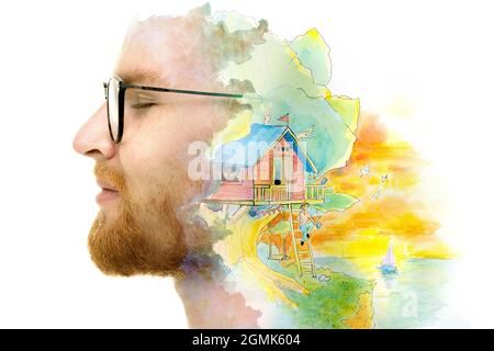 Portrait de profil d'un homme combiné à un tableau dans une technique de double exposition. Banque D'Images