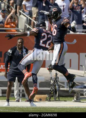 Chicago Bears cornerback Kindle Vildor (22) lines up against the Cincinnati  Bengals during an NFL football game Sunday, Sept. 19, 2021, in Chicago. The  Bears won 20-17. (Jeff Haynes/AP Images for Panini