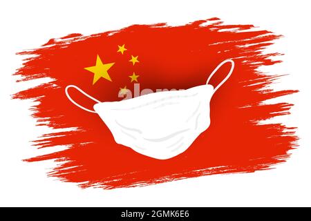 Drapeau de Chine vintage Vector avec masque médical. Drapeau à dessin de Chine en style grunge avec masque blanc. Coronavirus. Illustration de Vecteur