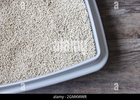 Litière naturelle biodégradable en tofu dans la boîte à litière pour chats Banque D'Images