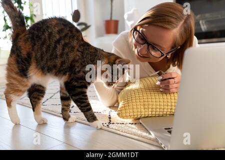 Jeune fille de travail à la maison jouer avec le chat. Freelance, étudiante femme sur l'éducation à distance animal de compagnie de petting Banque D'Images