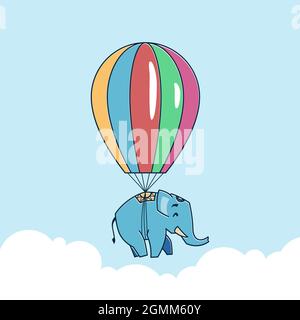 Big Elephant Flying Hot Air Balloon Zoo personnage de dessin animé Illustration de Vecteur