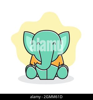 Mignon bébé éléphant Happy friendly assis souriant personnage de dessin animé Illustration de Vecteur