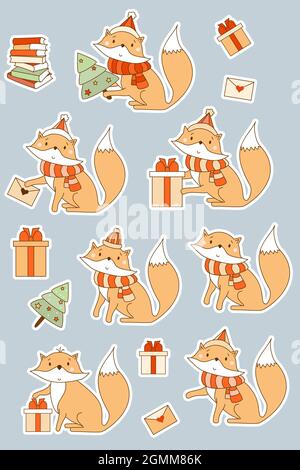 Ensemble d'autocollants avec animaux mignons. Renard roux en vêtements d'hiver avec arbre de Noël, avec cadeaux et livres. Illustration vectorielle pour collection enfant, imprimé Illustration de Vecteur