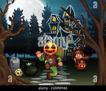 Joyeux halloween avec masque de citrouille et sorcière Illustration de Vecteur
