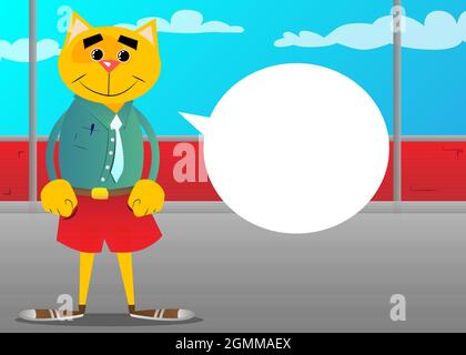 Drôle de dessin animé chat debout, portant des vêtements décontractés. Illustration vectorielle. Jeune chaton aux cheveux orange et jaune mignon. Illustration de Vecteur