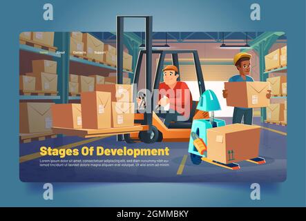 Les employés de l'entrepôt et le robot chargent les boîtes sur la bannière de dessin animé des racks. Étapes de développement de magasin, affaires de logistique. Les chargeurs élévateurs fonctionnent dans le stockage de fret avec des marchandises sur des étagères, concept Vector Illustration de Vecteur