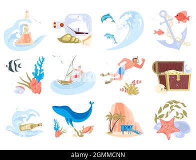 Ensemble d'éléments de vie sous-marins, animaux tropicaux, coraux, poissons et plongeurs. Faune sous-marine des tropiques, habitants de seaworld, habitants de récifs coralliens Illustration de Vecteur