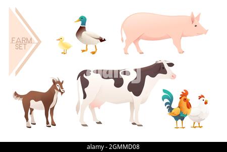 Illustration vectorielle de l'ensemble d'animaux de ferme domestiques sur fond blanc Illustration de Vecteur