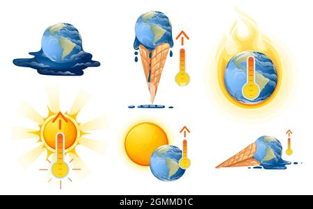 Ensemble de concept de réchauffement de la planète qui fait fondre la terre de la planète en forme de cône gaufré résumé sauver l'illustration du vecteur climatique sur fond blanc Illustration de Vecteur