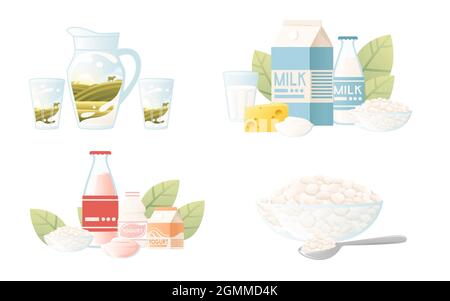 Ensemble de différents types de produits laitiers emballage carton plastique ou verre vecteur plat illustration sur fond blanc Illustration de Vecteur