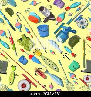 Marchandises pour la pêche. Équipement et accessoires pour les loisirs et la chasse sur les réservoirs. Vente de cannes à pêche et de vêtements. Fond jaune thématique. Illustration de Vecteur