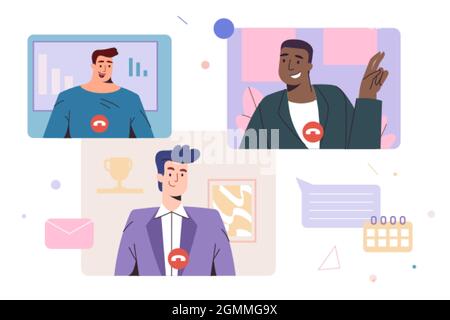 Réunion vidéo de collègues, amis. Vidéoconférence ou communication Web à distance. Discussion en ligne, diffusion en direct ou visioconférence virtuelle des employés. Illustration vectorielle plate des travaux à domicile Illustration de Vecteur
