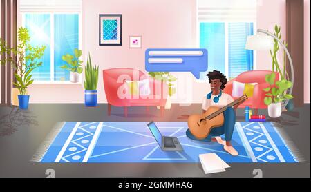 homme jouant de la guitare et utilisant le réseau de médias sociaux portable chat bulle de communication concept Illustration de Vecteur