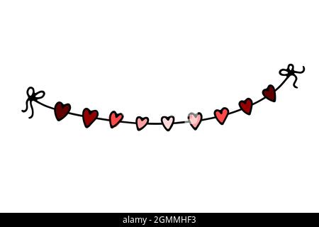 Guirlande de fils de jour Doodle Valentines. Festoon dessiné à la main isolé sur fond blanc. Colorez la décoration de fête avec des coeurs, des rubans, des noeuds. Volume vectoriel Illustration de Vecteur