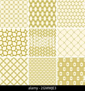 Ensemble de motifs géométriques vectoriels sans couture pour vos conceptions et arrière-plans. Décoration abstraite géométrique. Décorations modernes dorées et blanches avec éléments répétitifs Illustration de Vecteur