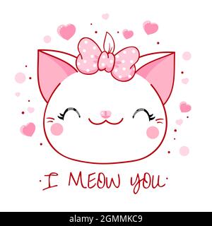 Jolie carte de Saint-Valentin style kawaii. Joli chat avec noeud rose et coeurs. Inscription Je vous méprends. Peut être utilisé pour l'impression de t-shirt, les autocollants, le message d'accueil ca Illustration de Vecteur